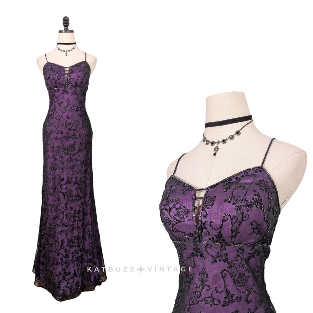 Vintage Betsy Adam Prom Dress Maxi Gown 4 Purple Black Goth Floral Y2K 90s Bead